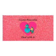 I love peacocks pink glitter photo cards