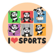 I Love Sports Pandas Round Stickers