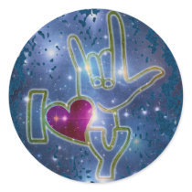 I LOVE YOU / sign language | dark blue splatter Round Sticker