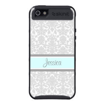 i Phone 5 Blue Grey Damask Custom Name