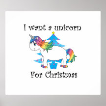 I want a unicorn for Christmas blue christmas tree Print