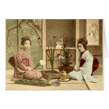 Ikebana - Beautiful Kimono Girls Arranging Flowers Greeting Cards