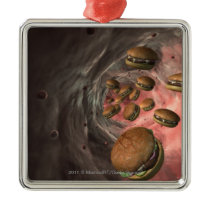 Illustration of a blood vessel with burgers christmas tree ornaments