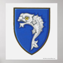 Illustration of heraldic fish symbol on shield print