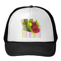 Illustration Of Roses And Gerberas In Coloured Box Mesh Hats