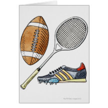 Illustration of rugby ball, tennis racquet, greeting cards