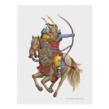 Illustration of Samurai on horseback holding bow Postcards