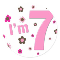 I'm 7 Pink And Brown Flowers Round Sticker