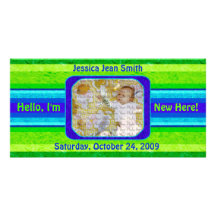 I'm New Here! Green/Blue Striped Baby Photo Card