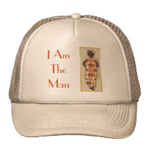 Image of male in orange striped outfit on cap trucker hat