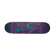 Image of swirly purple and turquoise glitter skateboard deck