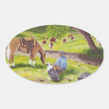 In Gods Country ~ Cowboy & Australian Shepherd Oval Sticker