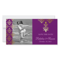 Indian Photo Card Save the Date Damask Purple Gold