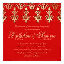 Indian Wedding Invite Damask Gold Autumn Red