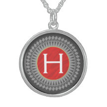 Initial on Red Pattern with Silver Grey Necklace