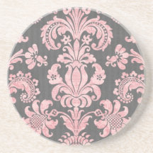 inricate vintage pink damask on deep grey drink coaster