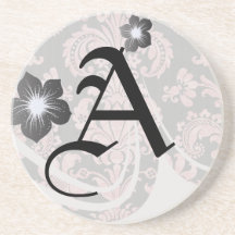 inricate vintage pink damask on deep grey coasters