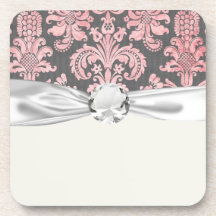 inricate vintage pink damask on deep grey beverage coaster