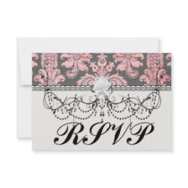inricate vintage pink damask on deep grey personalized invites