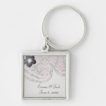 inricate vintage pink damask on deep grey keychain