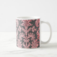 inricate vintage pink damask on deep grey coffee mugs