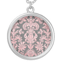 inricate vintage pink damask on deep grey custom necklace