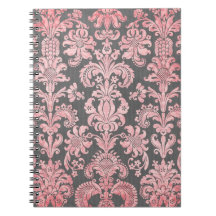 inricate vintage pink damask on deep grey spiral note book