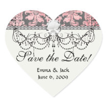 inricate vintage pink damask on deep grey heart sticker