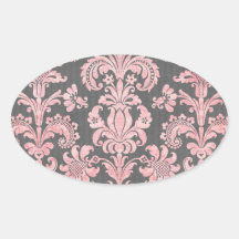 inricate vintage pink damask on deep grey oval stickers