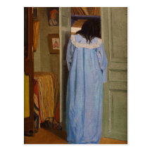 Intérieur, femme en bleu fouillant dans une armoir post card