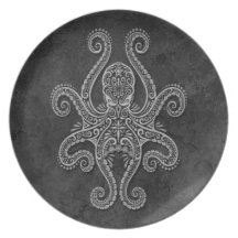 Intricate Dark Stone Octopus Party Plates