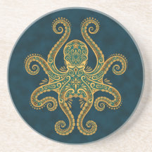 Intricate Golden Blue Octopus Coasters