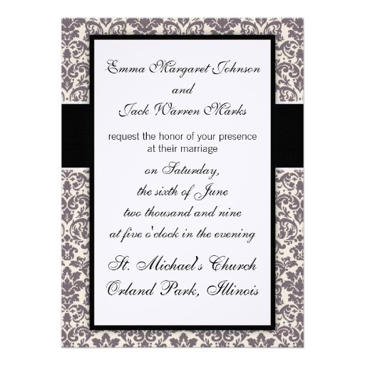 intricate taupe grey ecru cream damask pattern personalized invitations