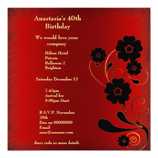 Invitation Birthday Red Fray with Black Floral