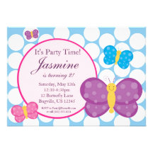 Invitation bleue d'anniversaire de papillon de poi