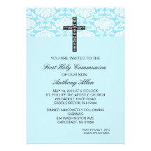 Invitation bleue de communion de garçons de damass