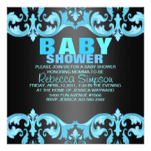 Invitation bleue et noire de baby shower de damass