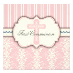 Invitation rose de damassé de première communion d