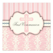 Invitation rose de damassé de première communion d