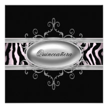 Invitation rose noire de Quinceanera de zèbre