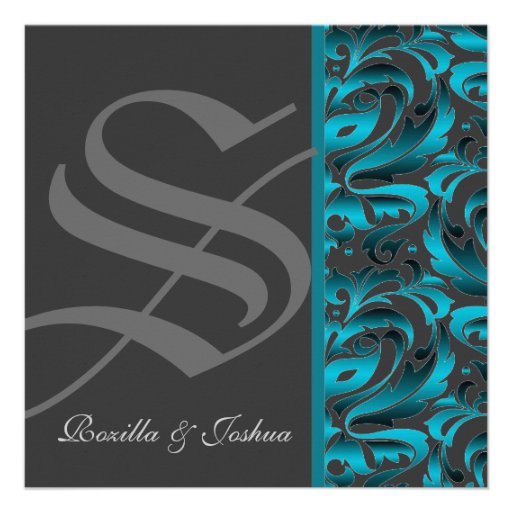Invitation turquoise de mariage damassé de monogra