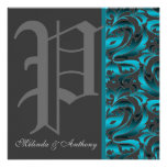 Invitation turquoise foncée de damassé du monogram