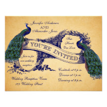 Invitation vintage de réception de mariage de paon