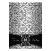 Invitations argentées et noires de mariage damassé