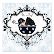 Invitations de douche de bébé de damassé de noir b