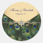 Invitations élégantes de mariage de paon d'or autocollant rond
