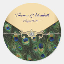 Invitations élégantes de mariage de paon d'or autocollant rond