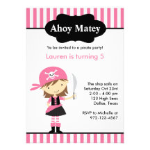 Invitations roses d'anniversaire de fille de pirat