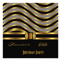 Invite 40th Birthday Party Black Gold Grey Stripe