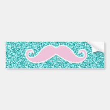 IRLY PINK MUSTACHE ON TEAL GLITTER EFFECT BUMPER STICKER